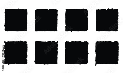 Set of jagged edge rectangle shape. Black ripped paper sheet with scratch. Grunge frame collection for sticker, collage, banner. Vector illustration isolated with white background.