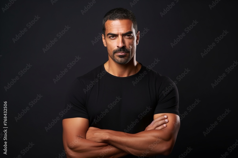 Portrait of a handsome middle-aged man in a black T-shirt.