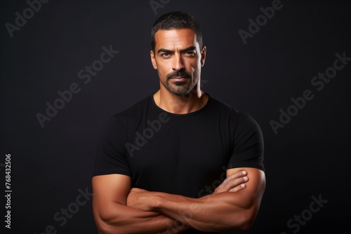 Portrait of a handsome middle-aged man in a black T-shirt.