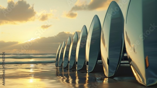 Mechanical surfboards lined up on the shore ready for business super realistic