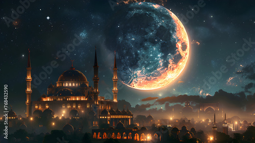 3d render of shiny exquisite crescent moon with carved mosque on night background, islamic religious concept