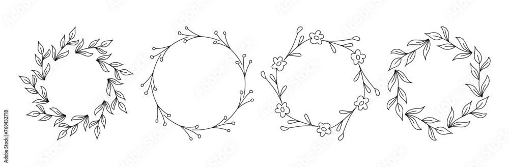 Spring and Summer Blooming Plants with Leaves Frame Collection. Natural Round Wreath Border Line Art Set. Spring and Summer Blooming Plants with Leaves Frame Collection. Natural Round Wreath Border Line Art Set.