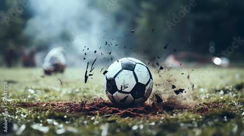 Close view of green football field with soccer ball  Soccer ball resting on a patch of grass