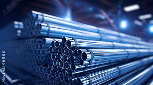 A stack of steel pipes in a warehouse or factory with a blurry background. 