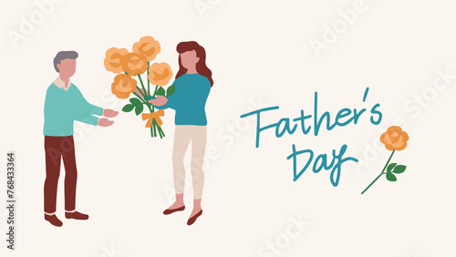 父の日に花束をプレゼントする人のヘッダーベクターイラスト素材 Header vector illustration of people presenting a bouquet of flowers on Father's Day.