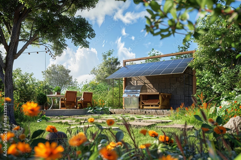 Solar oven in backyard, family cooking, bright day, detailed illustration, sustainable living , 3D render Solar oven in backyard, family cooking, bright day, detailed illustration, sustainable living , 3D render