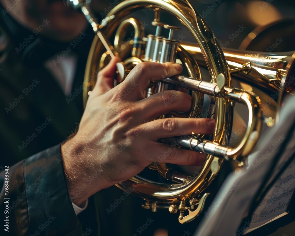 Obraz premium A detailed close-up of the intricate valves and slides on a French horn