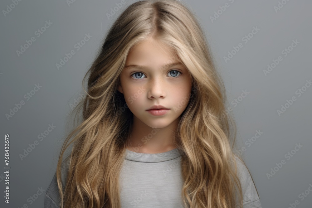portrait of a little girl with long blond hair on a gray background portrait of a little girl with long blond hair on a gray background