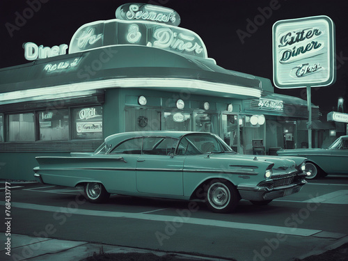 Outside of a 1960s diner in monochromatic colors and vintage feel - generated by ai © CarlosAlberto