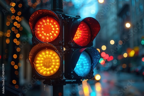Dazzling traffic light with red stop signal - A strikingly realistic image of a traffic light with vivid red stop signal on a wet city street at night, creating a reflective atmosphere