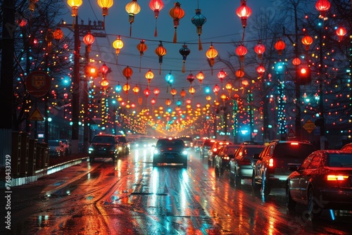 Rainy evening with colorful Chinese lanterns - The image captures a picturesque evening with damp roads reflecting the glow of Chinese lanterns amidst traffic