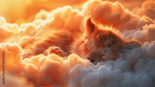 Sleeping lynx cub nestled in clouds - A dreamlike image of a peaceful lynx cub sleeping soundly amid fluffy clouds evoking innocence and serenity photo