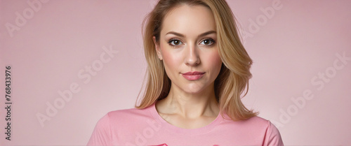 Woman in a pink T-shirt and a pink ribbon on her chest colorful background