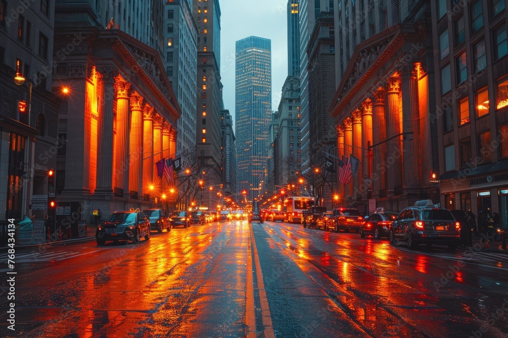 Rain-soaked city street with glowing lights - A picturesque urban scene with rain reflecting city lights, illuminating a typical bustling street - obrazy, fototapety, plakaty 