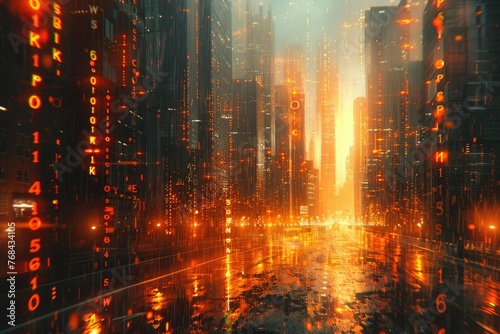 Digital cityscape with golden data streams - A dystopian view of a cityscape overtaken by digital data streams in gold, representing the digital transformation