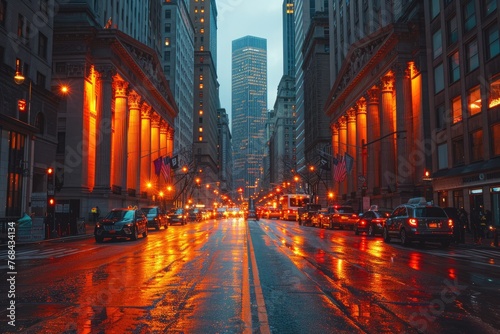 Rain-soaked city street with glowing lights - A picturesque urban scene with rain reflecting city lights, illuminating a typical bustling street