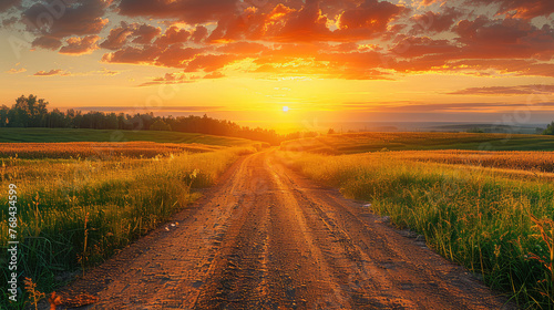 A dirt road leading into the distance, with green grass on both sides and golden sunset in background. Created with AI