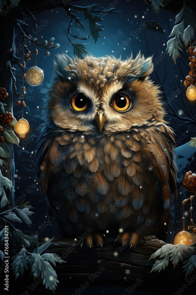 Brown owl perched on snowy branch at night, closeup shot Brown owl perched on snowy branch at night, closeup shot