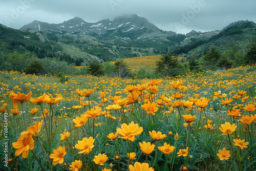 A field of vibrant yellow flowers in full bloom, with mountains and forests gently swaying behind them. Created with AI
