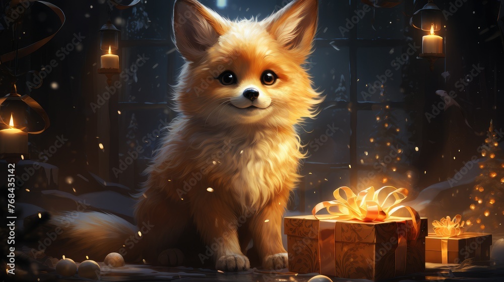 Obraz premium A fawncolored fox puppy with whiskers sits beside a gift box in a dark room