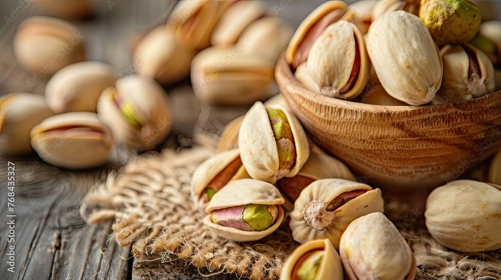 Close-up of a bowl with pistachios on the table