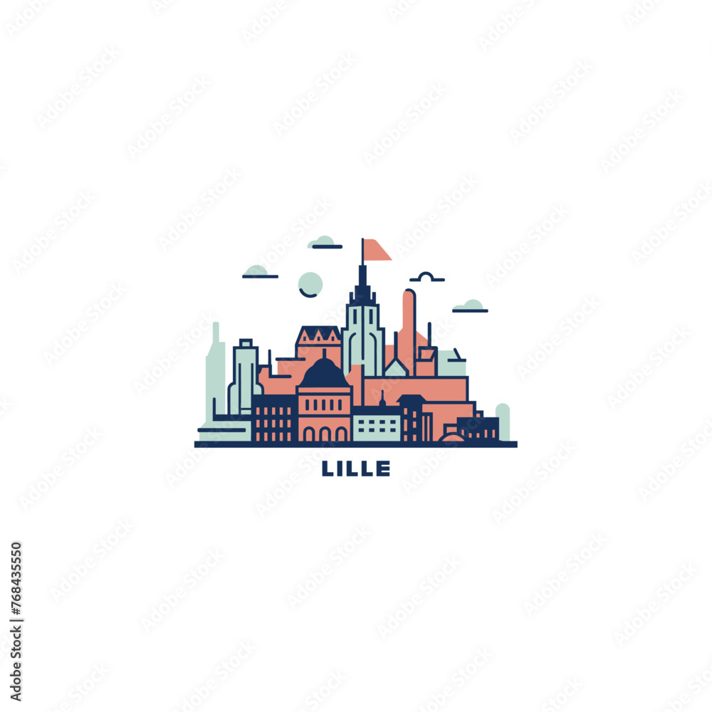 Lille cityscape skyline city panorama vector flat modern logo icon. France, French Flanders town emblem idea with landmarks and building silhouettes. Isolated colorful  graphic 