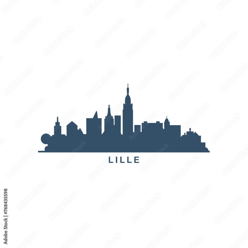 Lille cityscape skyline city panorama vector flat modern logo icon. France, French Flanders town emblem idea with landmarks and building silhouettes. Isolated graphic 