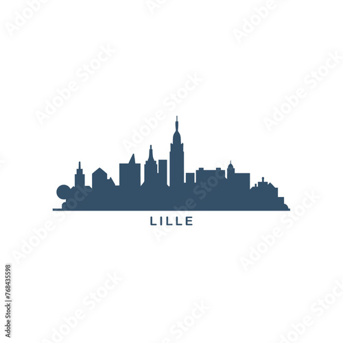 Lille cityscape skyline city panorama vector flat modern logo icon. France  French Flanders town emblem idea with landmarks and building silhouettes. Isolated graphic 