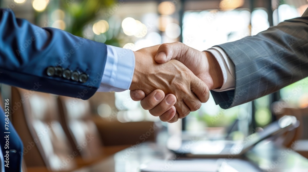 Business meeting between a customer and a banker,symbolizing the establishment of a successful partnership The handshake between the two individuals represents the commitment - obrazy, fototapety, plakaty 