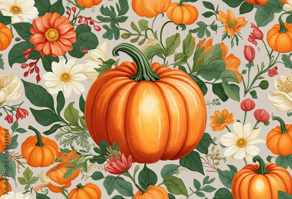 Autumn composition of pumpkin, flowers and leaves colorful background