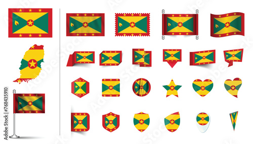 set of Grenada flag, flat Icon set vector illustration. collection of national symbols on various objects and state signs. flag button, waving, 3d rendering symbols