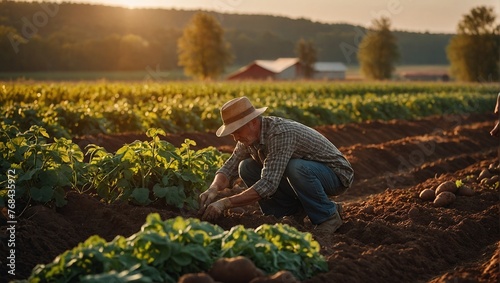 Happy male farmer holding fresh beautiful potato growing in fertile soil on farm bed