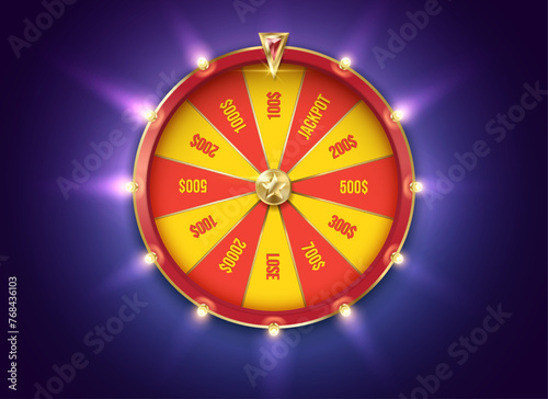 Glowing fortune wheel color realistic vector illustration. Spin gambling game with prizes. Casino roulette 3d object on blue background