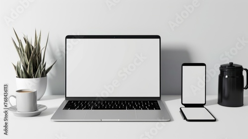 modern blank Computer screen mock up on wooden table with office display background,