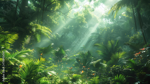 Sun rays in the forest, Beautiful background. Created with Ai