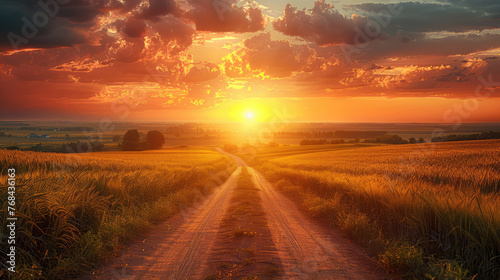 A dirt road leading into the distance, with fields on both sides and a beautiful sunset in the background. Created with Ai