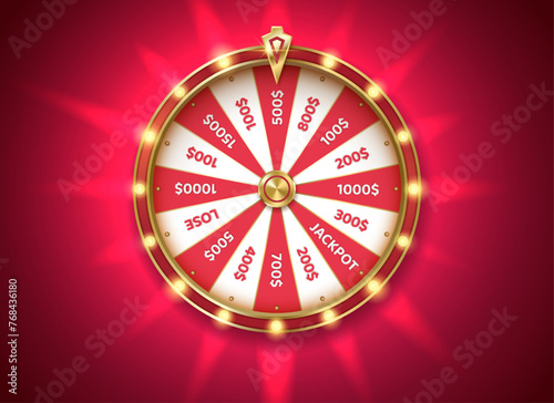 Pink fortune wheel at backlight color realistic vector illustration. Gambling game chances. Casino roulette 3d object on rouge background