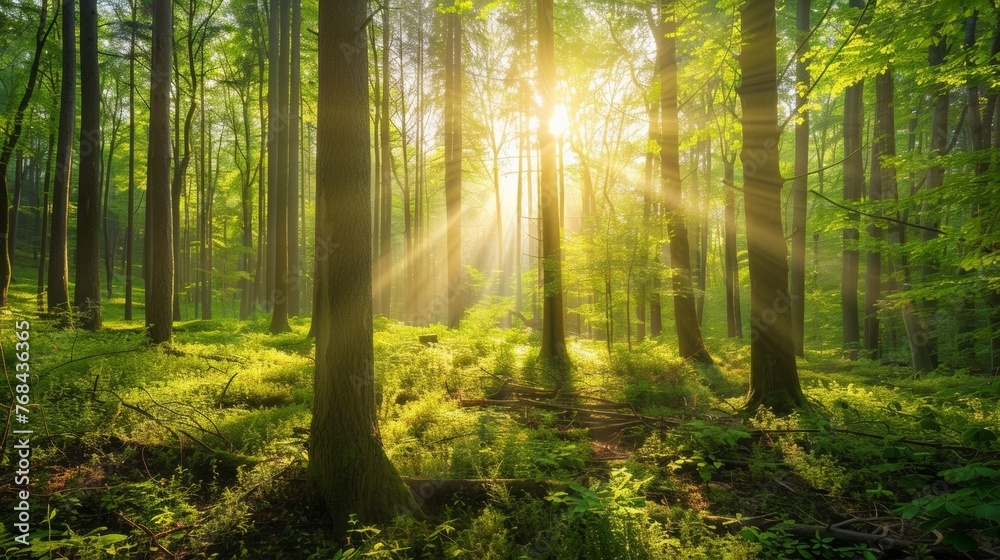 Obraz premium A lush green forest with sunlight peeking through tall trees showcasing the symbiotic relationship between nature and solar power . AI generation.