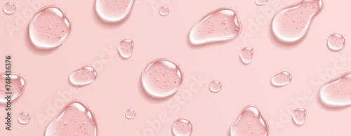 Collagen gel with bubbles drops realistic vector illustration pattern. Anti aging moisturizing skincare product 3d objects on pink background