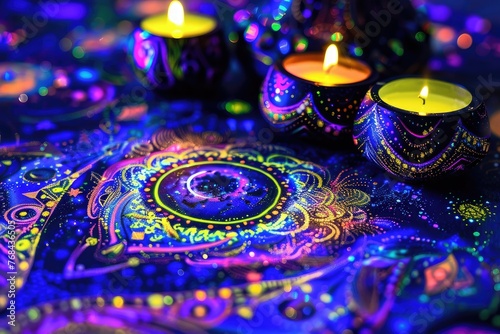 Illuminated glowing candles on colorful artwork - Close-up of illuminated tea candles on a brightly decorated surface with cosmic and spiritual designs © Mickey