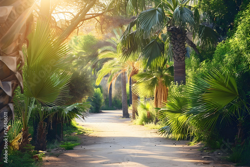  A pathway winding through a forest with towering tropical trees and hanging leaves.