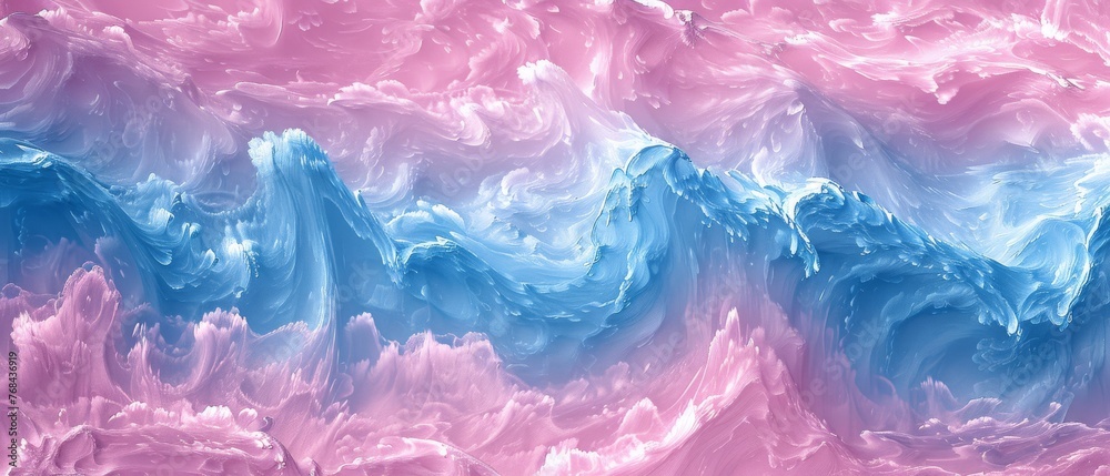  A painting of blue and pink waves on a pink and blue background with white clouds and blue and pink hues