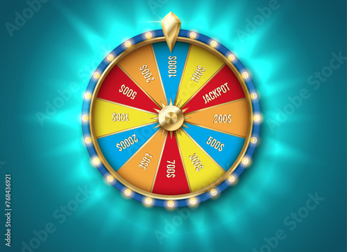 Glowing fortune wheel color realistic vector illustration. Spin gambling game with prizes. Casino roulette 3d object on turquoise background
