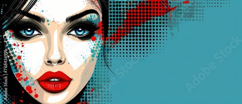   A woman's face with blue eyes and red lips on a blue background with halftone dots © Jevjenijs