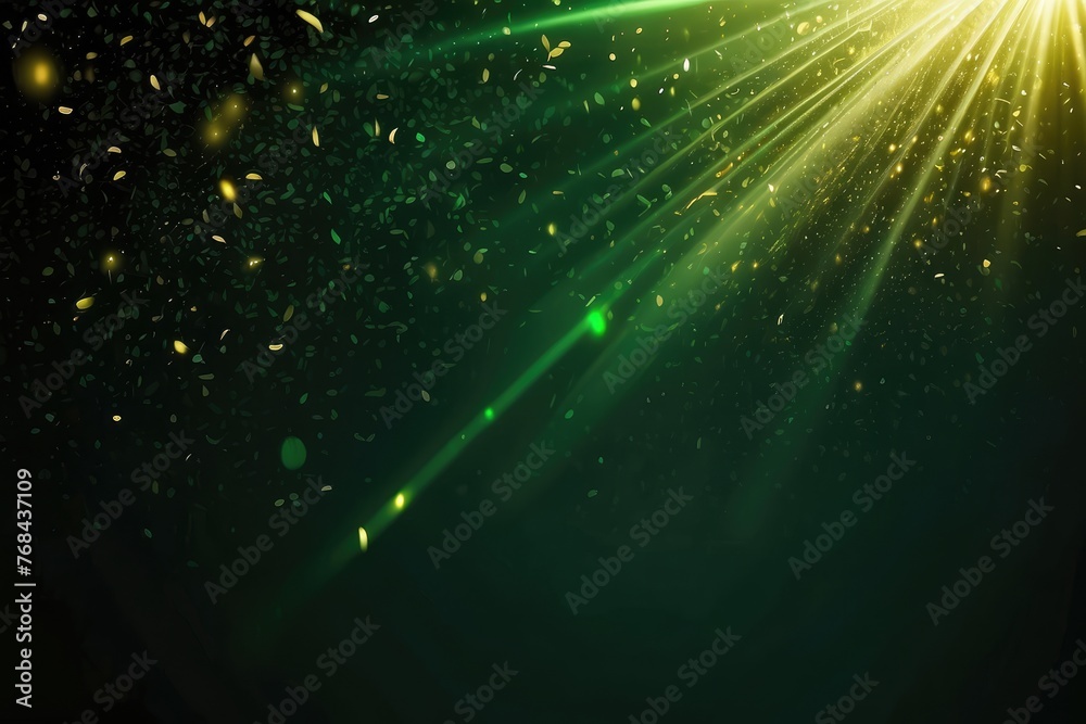 Abstract elegant gold particles with sparkling lighting effects on green background. shining stars gold dust bokeh glitter presents dust. Futuristic sparkling flying motion circling in empty space