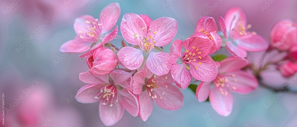   A collection of vibrant pink blossoms gracefully adorning a tree's limb against the backdrop of a hazy azure sky