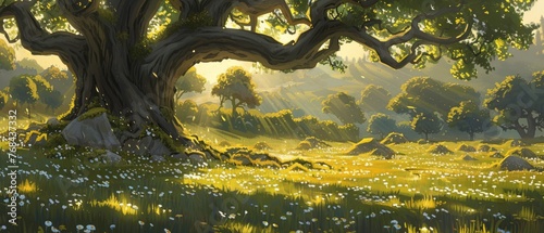   A painting of a massive tree standing tall in a lush green field  surrounded by boulders and vibrant blossoms