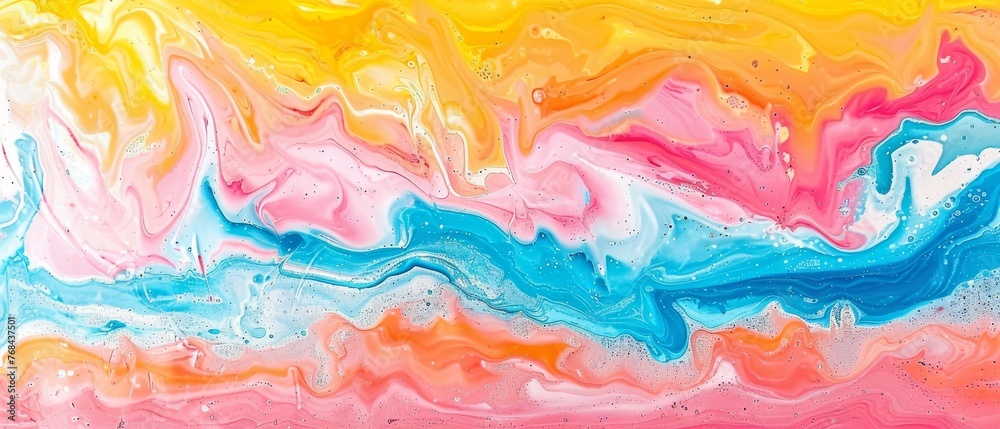   A painting that appears to be made with acrylic paint and features hues of yellow, blue, pink, orange, and yellow