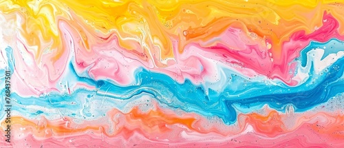  A painting that appears to be made with acrylic paint and features hues of yellow, blue, pink, orange, and yellow