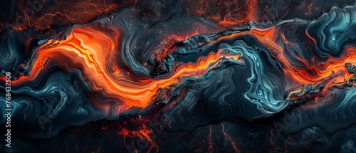  A vibrant abstract painting featuring a black backdrop with dynamic swirls in blue, orange, red, and black